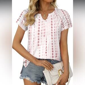 New Boutique Sherbet Sunrise White & Pink Ruched Short Sleeve Top